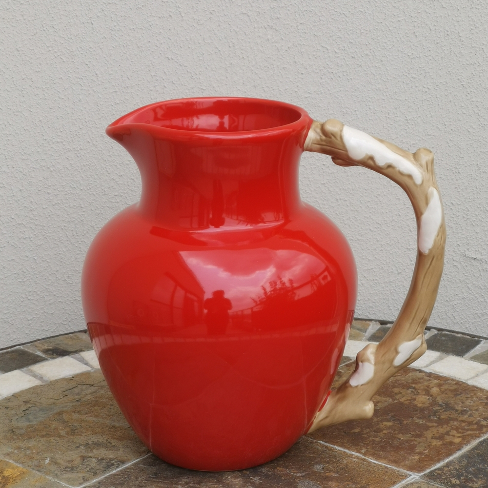 Red Ceramic Pitcher with Unique Handle